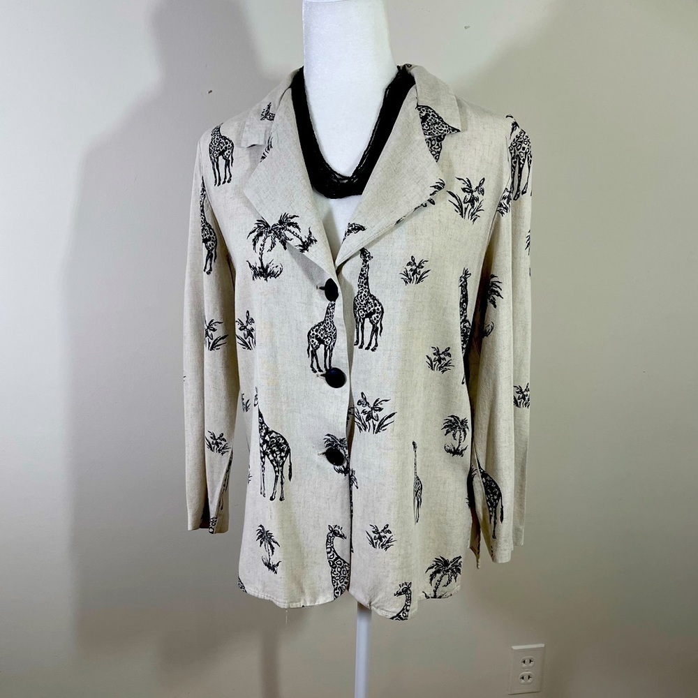 Michael Taylor sz med blazer lightweight rayon/linen blend natural / black print